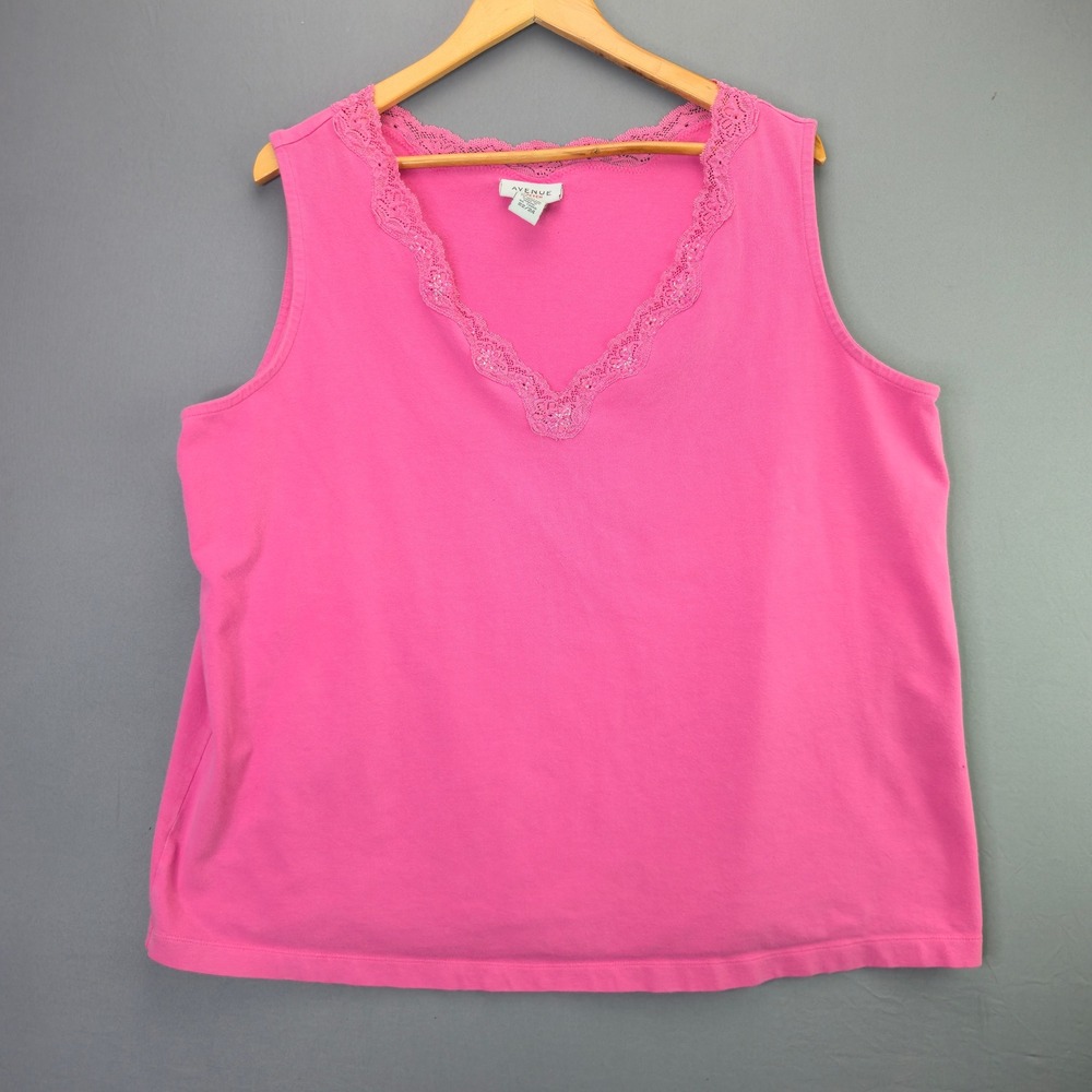 Avenue Tank Top Plus Size 22/24 Pink Lace Trim Beaded V-Neck Stretch Sleeveless